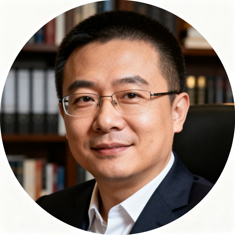 创始人张磊的圆形头像，身穿深色西装，背景为办公室书架，神态自信沉稳