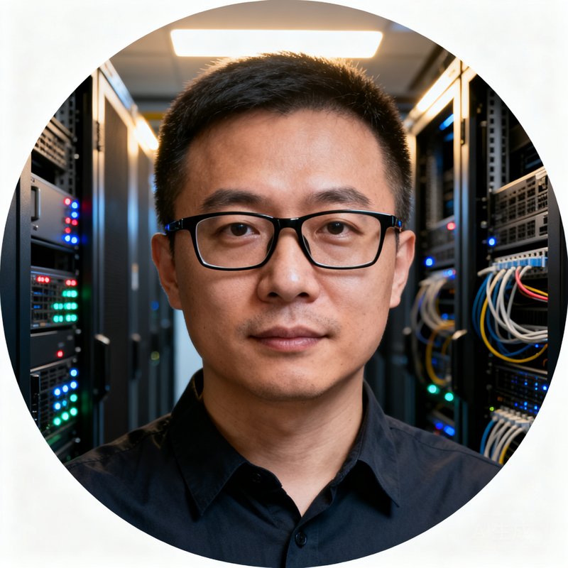 CTO陈明的圆形头像，戴着眼镜，背景是服务器机房，体现技术专家气质